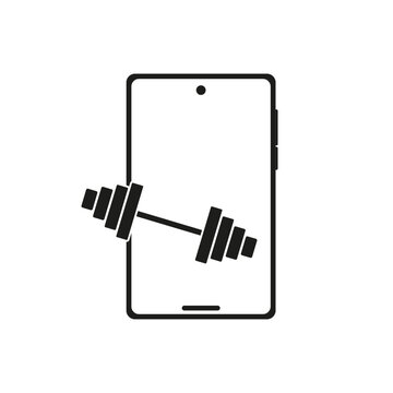 online fitness or mobile trainer icon. phone with dumbbell, sport physical exercise, person fit training app, concept home workout. Vector illustration. stock image.