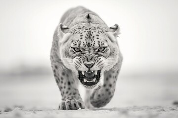 A snow leopard facing forward, ready to attack, Generative AI, wild animal, aggression, ferocious
