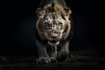 Fototapeta na wymiar A lion facing forward, ready to attack, Generative AI, wild animal, aggression, ferocious, rage, roaring