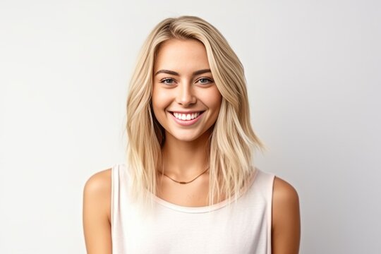  Headshot of a beautiful blond smiling young woman looking at the camera on white background. Generative AI