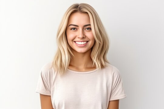  Headshot of a beautiful blond smiling young woman looking at the camera on white background. Generative AI