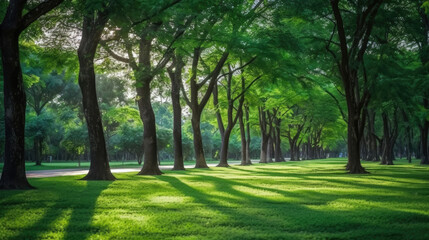 Fototapeta na wymiar Trees in the park with green grass and sunlight, fresh green nature background, Generative AI