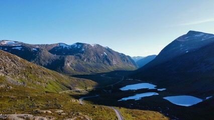 Landscape view of mountains and mountain lake at Trollstigen, Norway