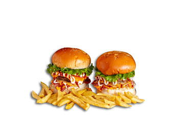 02 large hamburgers made with tomato. Lettuce onion, French fries, ham, cheese, meat, chicken, egg and various sauces, accompanied by French fries.