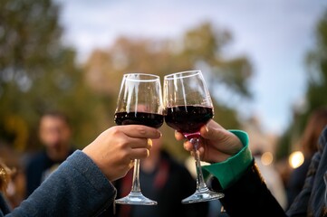 Shallow focus shot of a human hands toasting with glasses of red wine on blur background