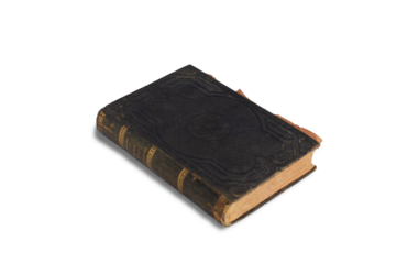 Old dark book with a view of the carved spine with golden touches and a cloth and carved cardboard cover.