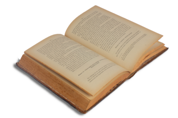 Old book with open leather cover.