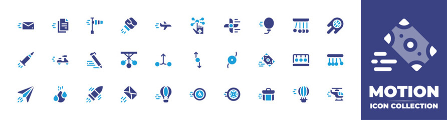 Motion icon collection. Duotone color. Vector and transparent illustration. Containing mail, file, windsock, boxing, flight, gloves, fan, balloon, pendulum, basketball, bullet, motorbike, and more.