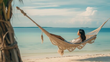 Happy woman relaxing in hammock on the beach