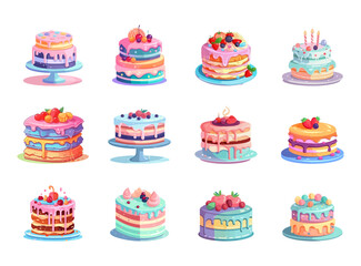 Fototapeta na wymiar Set of colorful Pastel Cake, Birthday and party Element