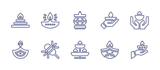 Diwali line icon set. Editable stroke. Vector illustration. Containing candle, diwali lamp, oil lamp, spark, candelabra.