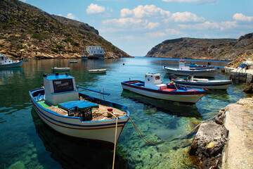 Blue and white traditional fishing boat in Sifnos, Greece - 612603784
