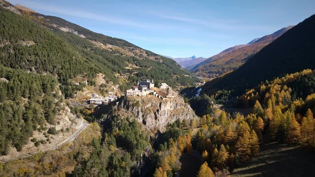 Drone view of buildings in the landscapes of Queyras valley