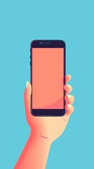  illustration of a hand holding a phone on a colored background. mockup.Generative AI