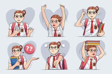 School Kid Student Vector Character Set. Back to school cute girl student characters