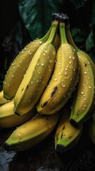 a photo of bunch of banana fruit surrounded by drops of rain water generative ai