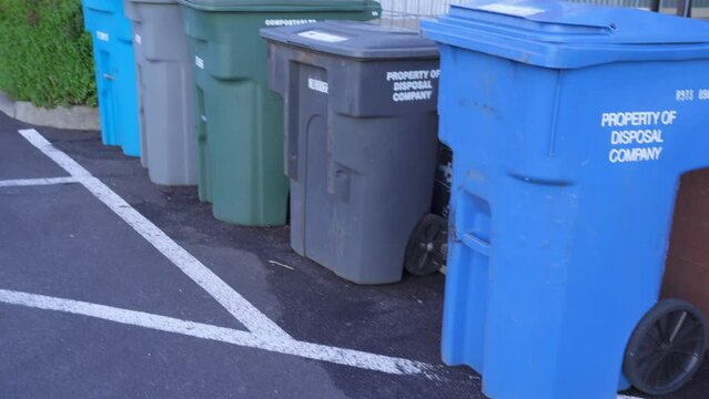 Trash cans on the street on trash day in California overcast day