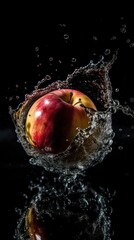 a photo of apple fruit fall in water on black background generative ai
