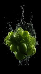 a photo of green grape fruit fall in water on black background generative ai