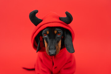 Dog at Halloween party in red hoodie with devil horns on bright background. Difficult, closed teenager, introvert, impudent, embittered, defenseless. Problems in puberty. Pet demonic mystical gaze
