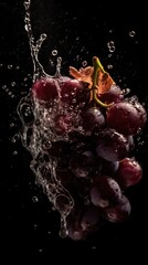 Fototapeta na wymiar a photo of purple grape fruit fall in water on black background generative ai