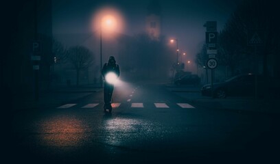 Man riding a scooter on the road with light on a foggy night © Hgerii_/Wirestock Creators