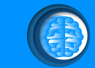 Arte digital minimalista com espaço para escrever de cérebro azul dentro de um círculo com sombras, representando o poder cerebral, capacidade, e mal aproveitamento da capacidade