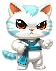 Cute cartoon cat dressed into the karate outfit and standing in karate pose
