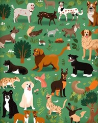 Cute dogs of different breeds and colors. Children's illustration, pastel color background .Generative AI