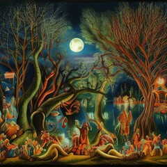 Illustration of fantastic creatures at a night carnival around a magical tree cavity with fireworks