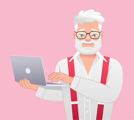 Smiling elderly man holding a laptop in his hand. An old gray-haired bearded grandfather in glasses works at a laptop. Successful confident businessman.