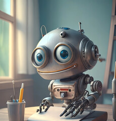 Ilustración de un pequeño robot con Inteligencia Artificial, redactando textos en un escritorio iluminado con luz natural. - IA Generativa.