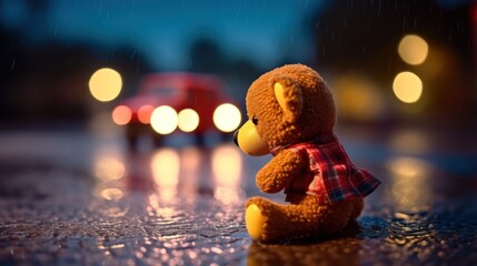 a small plush bear on a wet slippery road after rain against the background of car headlights. danger on the road.car accident. life and health insurance concept. Generative AI