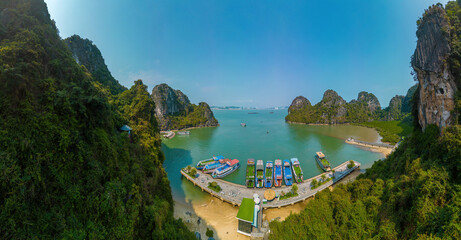 Beautiful landscape Halong Bay view from above the Thien Cung Cave with Junk boat, Southeast Asia....