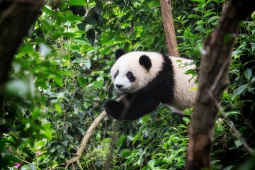 Obraz na płótnie Canvas Cute panda climbed onto a tree