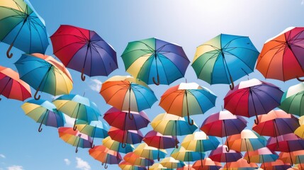 Fototapeta na wymiar Beautiful colorful umbrellas against a deep blue sky. design and festive street decorations.Generative AI