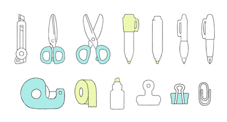 文房具の手書きイラスト1、シンプルなベクター素材集