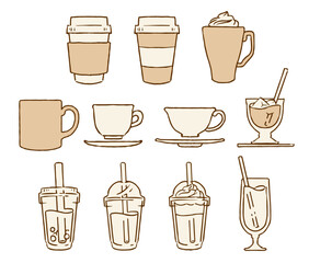 カフェドリンクの手書きイラスト、シンプルなベクター素材集