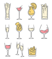 アルコールドリンクの手書きイラスト、カクテルやワイン、シンプルなベクター素材集
