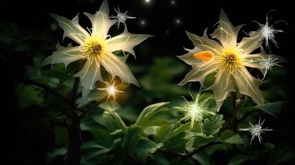 background of beautiful white flowers on a starry night, fabulous twinkling stars. Generative AI