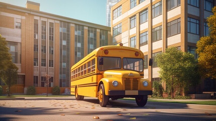 Fototapeta na wymiar the school bus is next to the school Generative AI