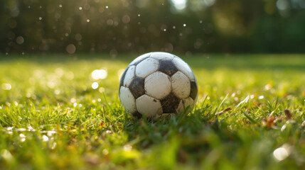 A soccer ball on the grassa photo of a soccer ball on a grassy.