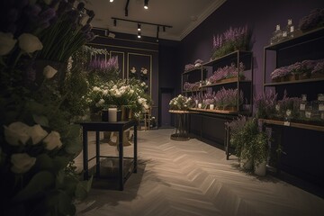 Fototapeta na wymiar Interior of floral shop with purple blooms. Generative AI