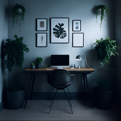 Interior study room with one frame full of plants wall mockup with study desk and decor on cool black wall background.