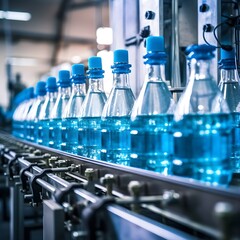 Line of bottling beverages in plastic bottles on clean light factory, white and light blue theme. Generative AI