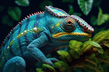 Obraz premium Yemeni chameleon isolated on large black background lizard on green leaf Brightly colored skin, colorful chameleons