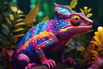 Obraz premium Yemeni chameleon isolated on large black background lizard on green leaf Brightly colored skin, colorful chameleons