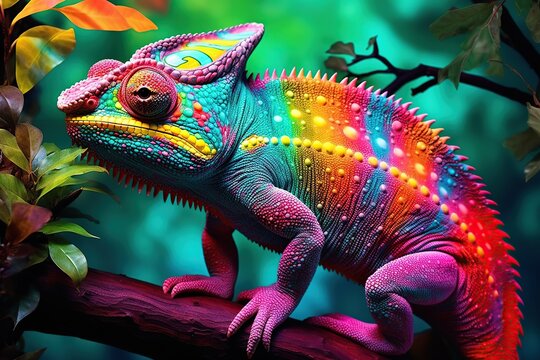 Yemeni chameleon isolated on large black background lizard on green leaf Brightly colored skin, colorful chameleons
