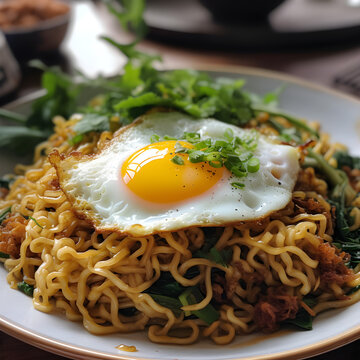 Dry Instant Noodle, Malaysian style maggi goreng mamak or spicy dry curry instant noodles with sunny side up egg and beef.