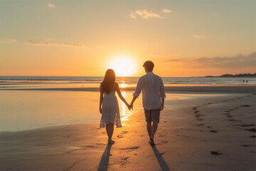 夕陽を見ながら海辺を歩くカップル
ジェネレーティブAI - obrazy, fototapety, plakaty